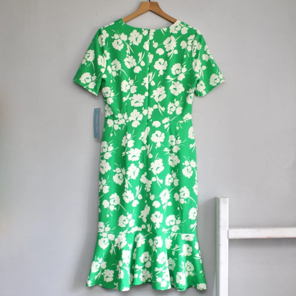 LONDON TIMES Twisted Sheath Floral Short Sleeve Dress Green & White Size 8 NWT - Picture 3 of 8